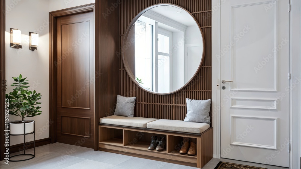 Poster a welcoming entryway features a light wood bench with plush cushions an oversized round mirror refle