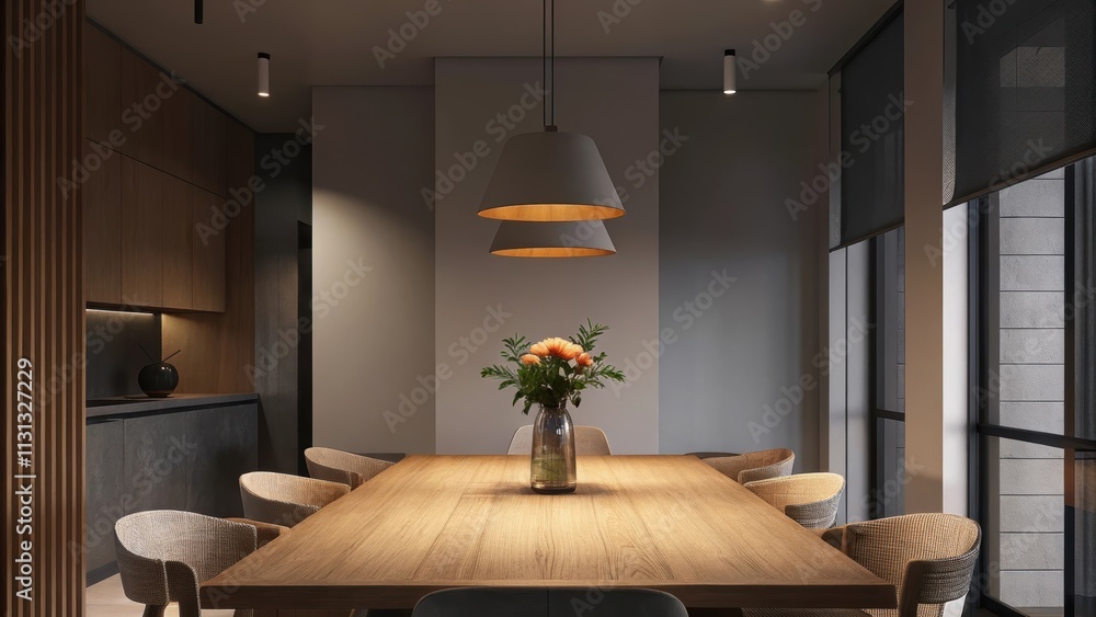 Aufkleber a dining area with a long reclaimed wood table surrounded by simple mismatched chairs made from sust