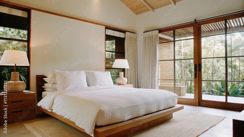 Aufkleber A tranquil bedroom with a lowprofile platform bed dressed in crisp white linens. Light wood nightstands hold simple ceramic lamps and large windows provide unobstructed views of