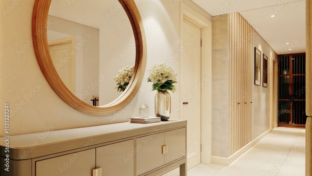 Poster a stylish hallway showcases light oak flooring a soft grey console table topped with a bouquet of wi
