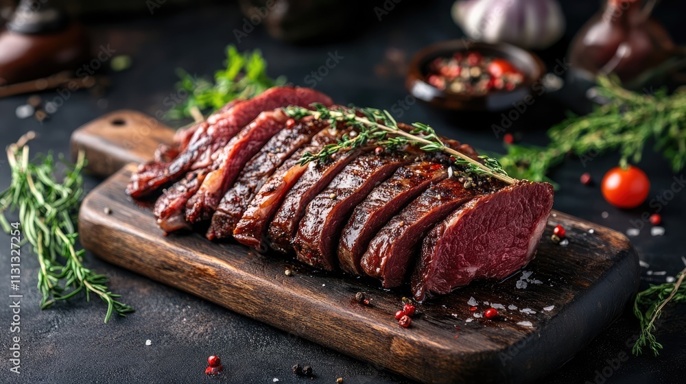 Poster Sliced beef pastrami on a wooden board with herbs and spices in a rustic setting