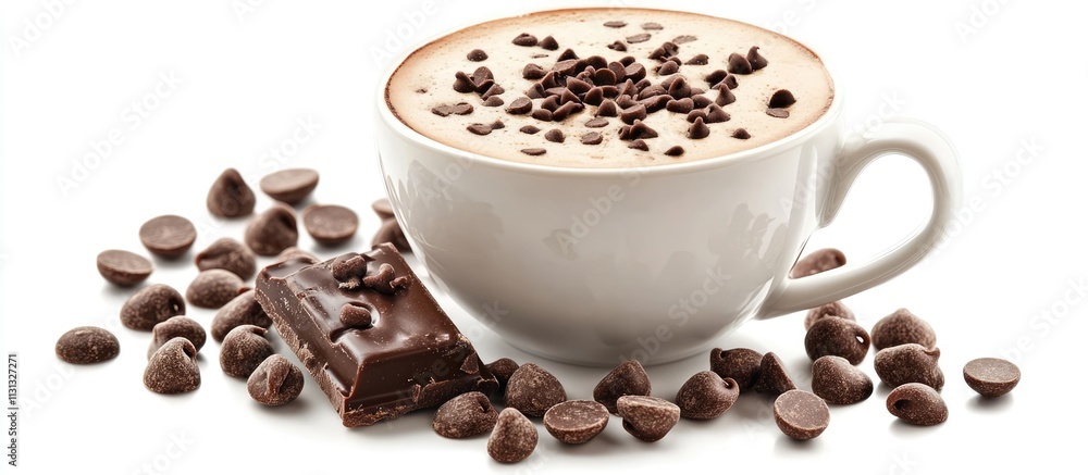 Poster rich coffee topped with chocolate chips and surrounded by cacao pieces elegantly arranged in a styli