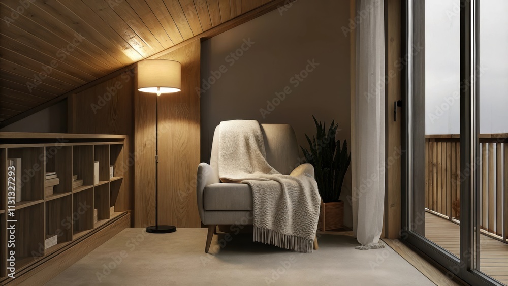 Aufkleber A tranquil reading nook is created by a soft oversized armchair with a deep pile throw blanket draped over one side a sleek floor lamp casting warm light and a small bookshelf