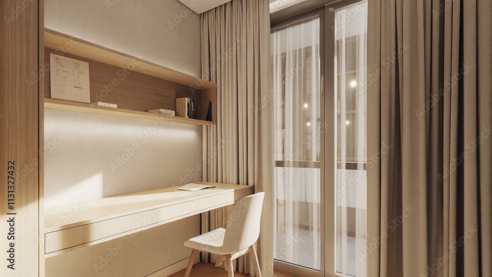 Poster a minimalist workspace features a light wood desk paired with a simple white chair a subtle corkboar