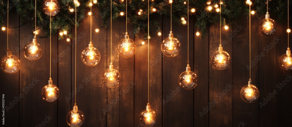 Aufkleber hanging christmas lights in glass orbs on a rustic wooden background creating a warm festive atmosph