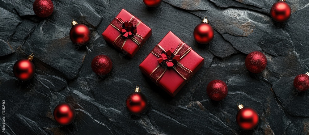 Poster red christmas gift boxes and shiny ornaments on a dark stone surface arranged from a top view perspe