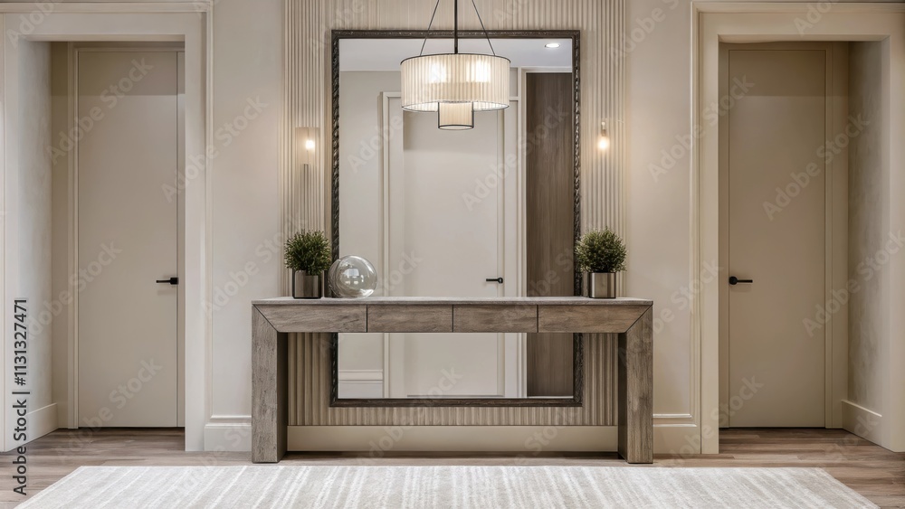 Poster An elegant entryway featuring a grand console table made from reclaimed wood. A large unframed mirror reflects the soft light from a stylish overhead fixture while subtle hints of