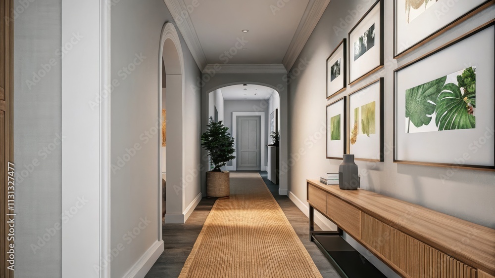 Poster a stylish hallway showcasing a series of framed prints with minimalist designs accented by a sleek c