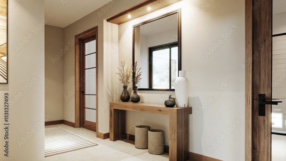 Poster An inviting entryway with a sculptural console table made of reclaimed wood adorned with a variety of textured vases. The walls are painted in soft neutral hues and a large mirror
