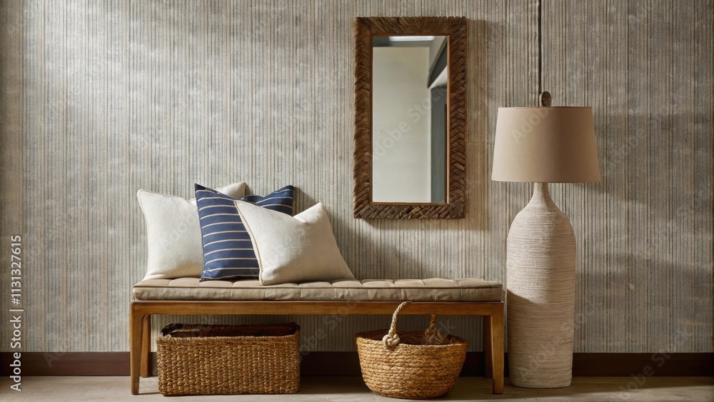 Poster a chic entryway with a linencovered bench adorned with cotton throw pillows. a woven basket sits bel
