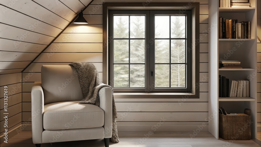Poster a quaint reading nook featuring a comfortable armchair covered in soft linen complete with a cotton 