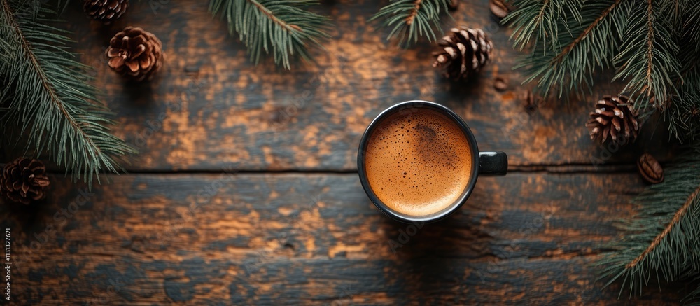 Poster winter festive backdrop with coffee mug pine branches and cones on dark wooden table captured from a