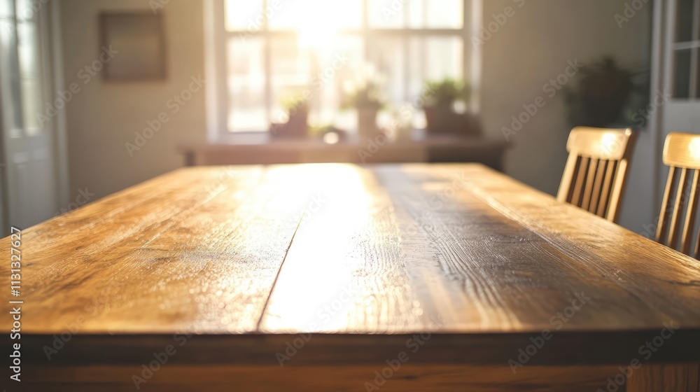 Aufkleber sunny wooden dining table with warm lighting and houseplants in the background creating a cozy and i