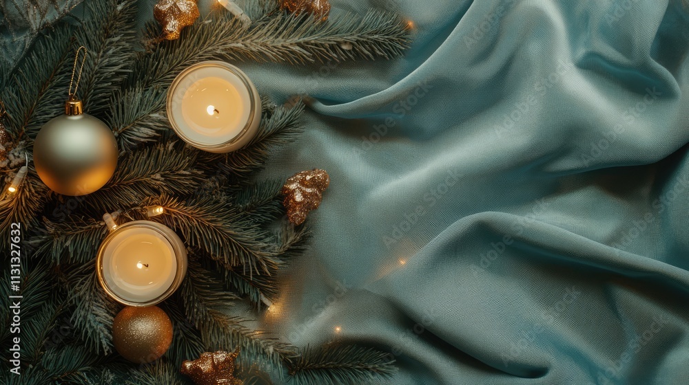 Poster christmas tree branches adorned with candles ornaments and glowing lights on soft fabric background 