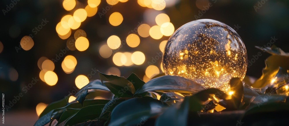 Poster Glitter ball with warm lights and Christmas tree in soft bokeh background creating a festive and magical holiday atmosphere