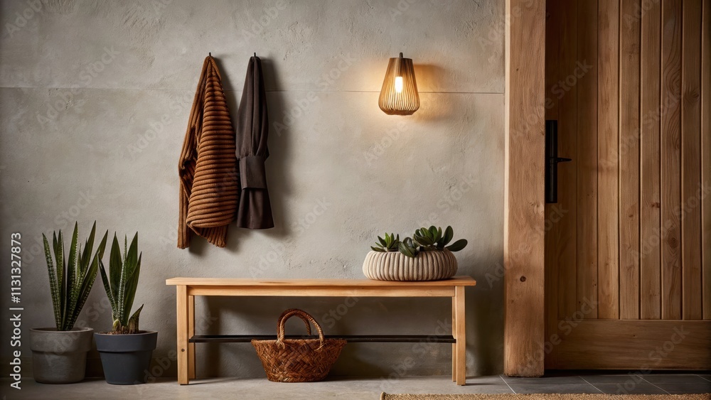 Poster an inviting entryway with a warm wood bench a few handmade ceramics displayed on a simple shelf and 
