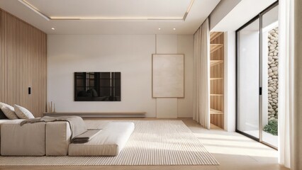 Fototapeta premium An airy living room with a minimalist aesthetic showcasing a lowprofile sofa draped in neutral tones a single art piece on a white wall and a Zen garden set in the corner with fine