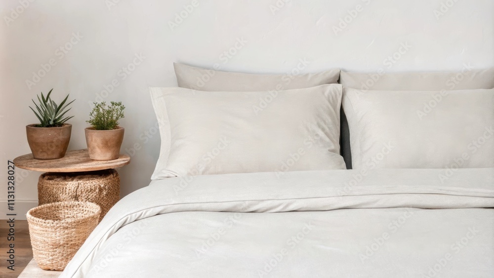 Poster A minimalist bedroom showcasing a soft gray bed frame dressed in a light wheatcolored duvet and matching throw pillows. Earthy clay pots with lowmaintenance greenery sit on the