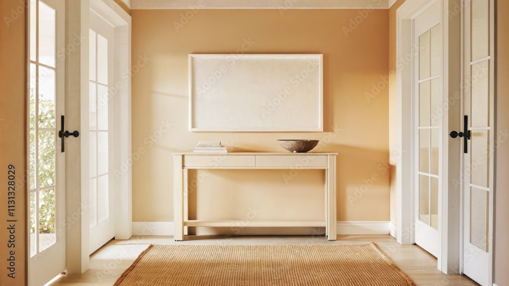 Poster a softly lit entryway adorned with a pale beige console table topped with a simple ceramic bowl. the