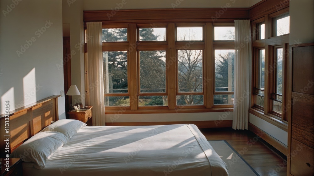 Aufkleber A serene bedroom with a platform bed dressed in crisp white linens a single wooden nightstand and expansive windows offering uninterrupted views of greenery outside.