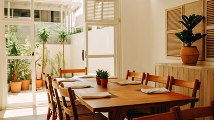 An inviting dining space with a large oak table set for a meal surrounded by mismatched wooden chairs and linen napkins. Textured clay pots house vibrant plants on a side console.