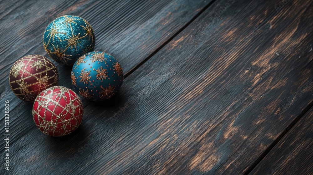 Poster colorful christmas ornaments on rustic wooden background with generous space for holiday message or 