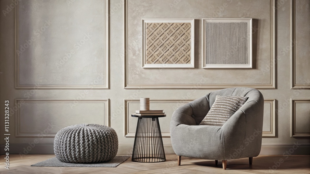 Poster a cozy reading nook highlighted by a plush gray armchair a knitted pouf and a gallery wall of textur