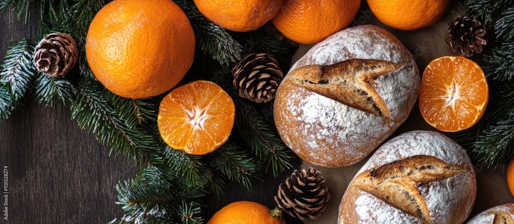 Poster festive arrangement of rustic bread and tangerines with pinecones creating a warm christmas atmosphe