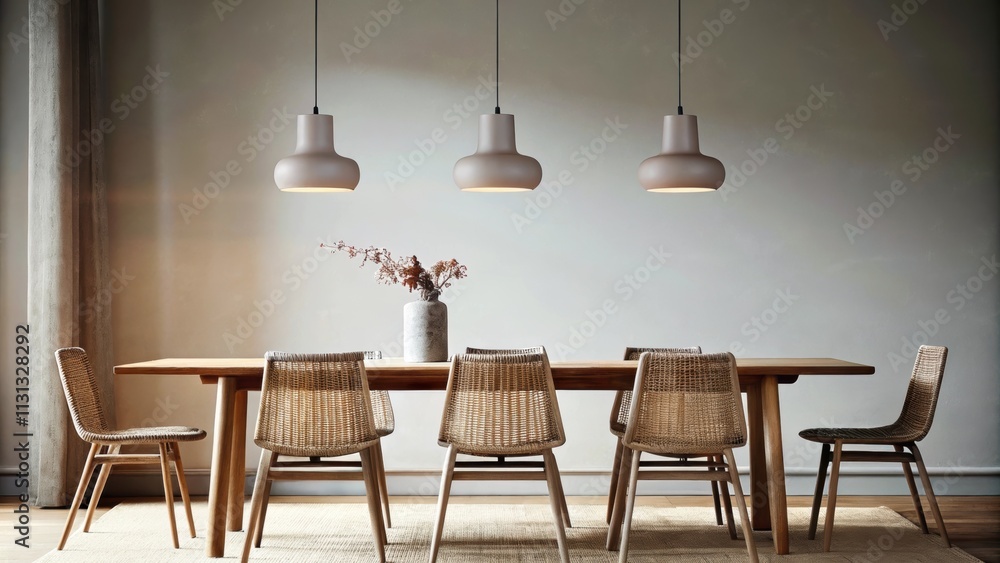 Aufkleber a simple dining room featuring a sleek wooden table surrounded by handcrafted chairs. an understated