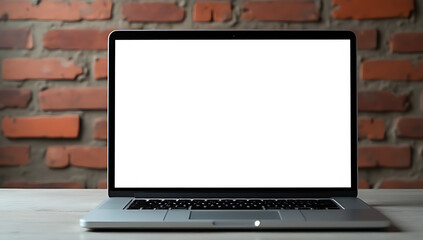 Fototapeta premium A modern laptop sits on a brick wall with a blank screen, creating a minimalist and industrial atmosphere._00003_