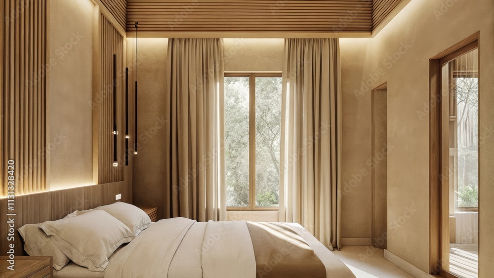 Poster a tranquil bedroom featuring a handcrafted wooden bed frame draped with soft linen bedding while cla