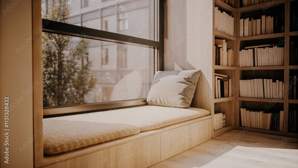 Poster a spacious reading nook by a wide window adorned with a comfy floor pillow and a sleek bookshelf fil