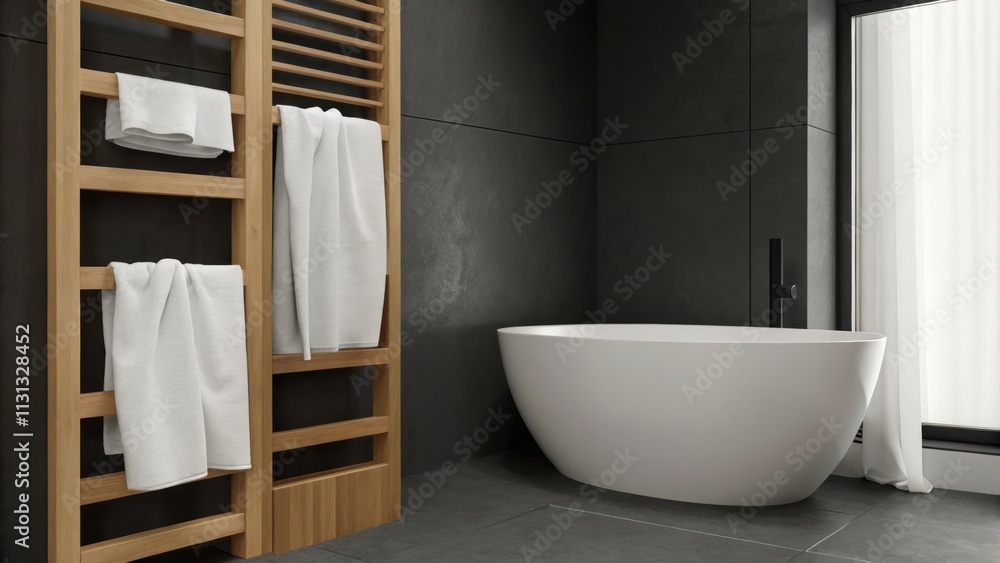 Aufkleber A soothing bathroom retreat featuring matte sink fixtures and a freestanding tub atop a slategray textured tile floor with soft white towels draped over bamboo racks adding layers
