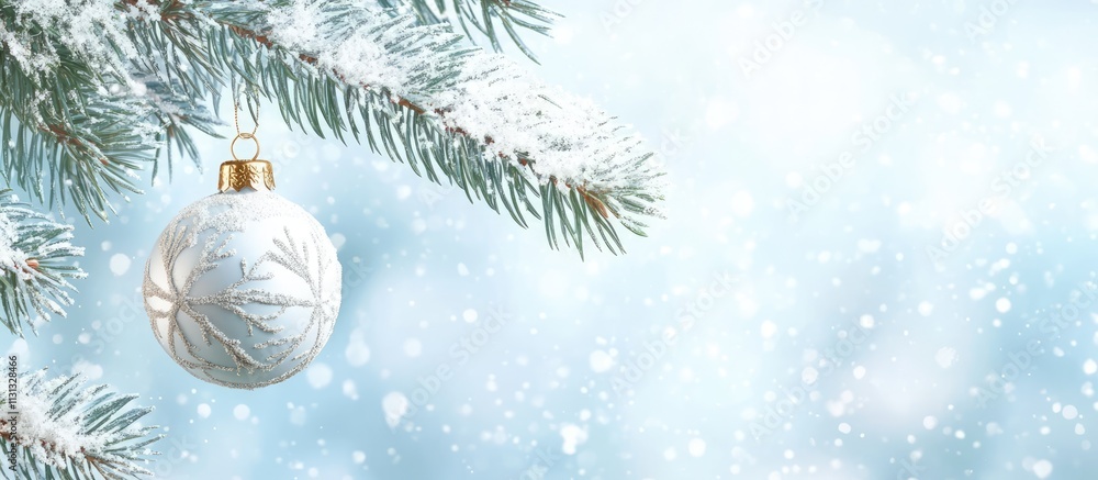 Poster snowy christmas ornament hanging on a spruce tree branch creating a festive winter atmosphere with s