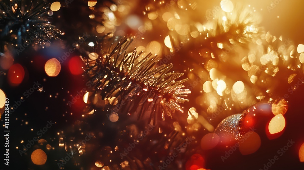 Poster Blurred sparkling Christmas tree background with glowing decorations creating a warm festive atmosphere in soft focus lighting