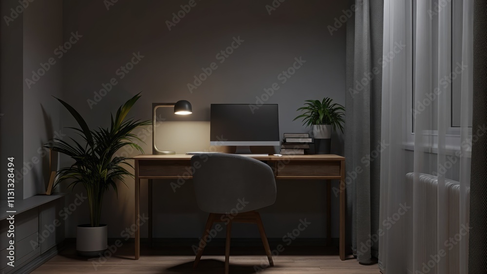 Aufkleber A serene home office space featuring a sleek desk made of reclaimed wood paired with an ergonomic chair upholstered in soft fabric illuminated by a modern desk lamp and surrounded