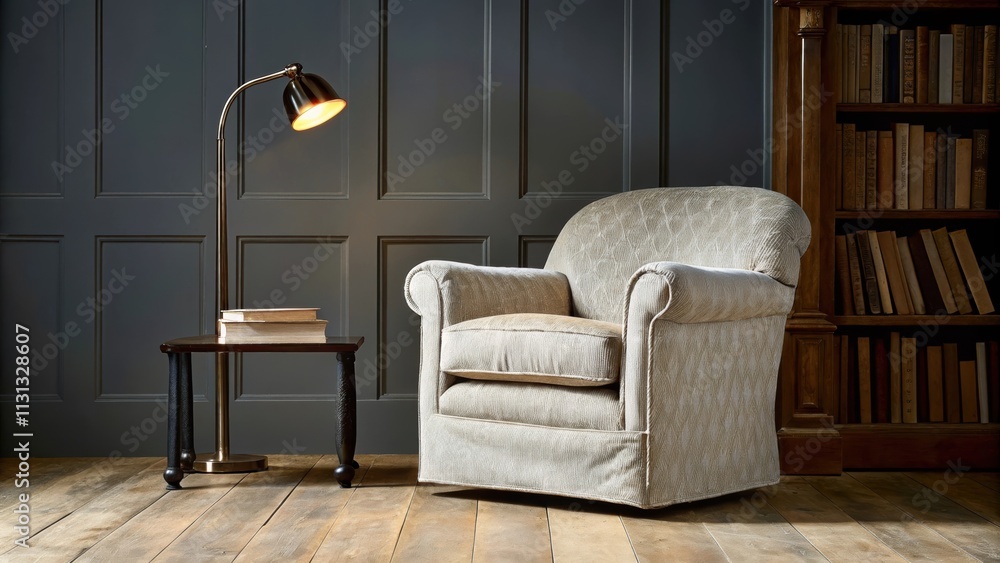 Poster A cozy reading nook defined by a comfortable armchair upholstered in a muted print a side table with a sleek metallic finish and a librarystyle floor lamp casting a warm glow over