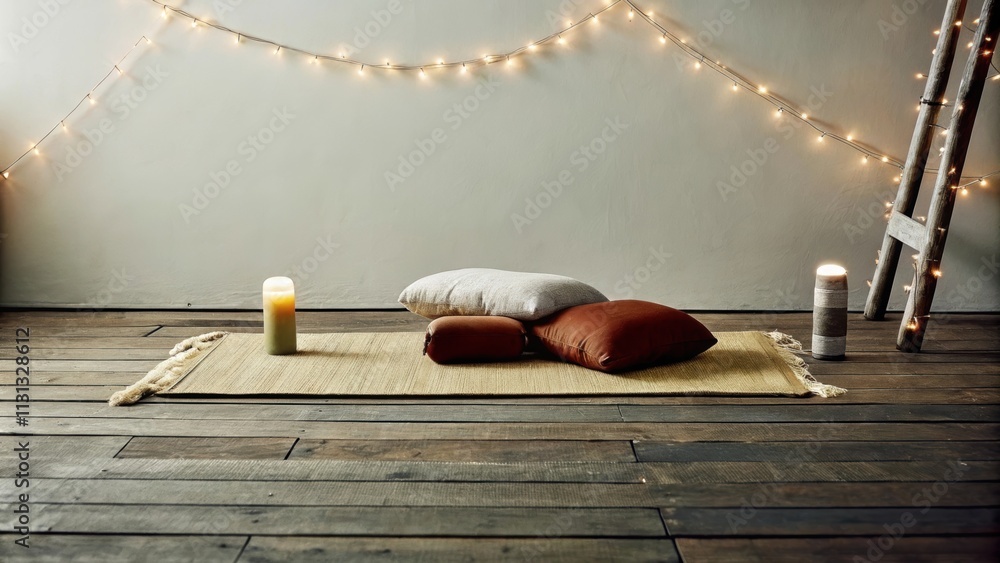 Poster a peaceful meditation space with a simple mat on natural wood flooring surrounded by soft cushions i