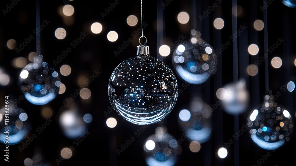Poster Elegant Christmas tree ornaments suspended against a shimmering bokeh lights backdrop creating a festive atmosphere.
