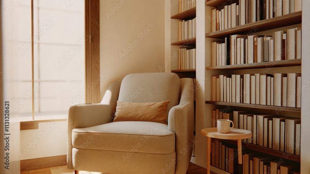 Aufkleber A tranquil reading corner with a lowprofile armchair in muted tones a small side table holding a steaming mug surrounded by towering bookshelves filled with neatly arranged books
