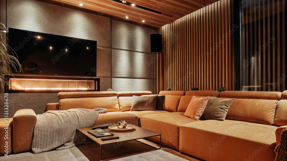 Poster a contemporary family room featuring a large warmtoned sectional sofa with a chunky knit blanket a l