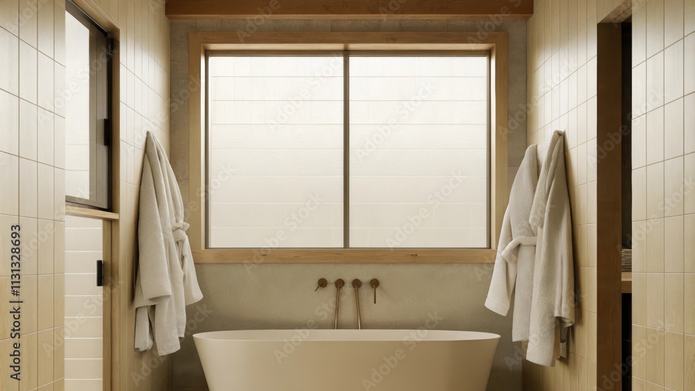 Aufkleber An elegant bathroom with a freestanding tub positioned under a frosted window surrounded by warm neutral tiles and soft fluffy towels hanging elegantly on sleek brass hooks evoking