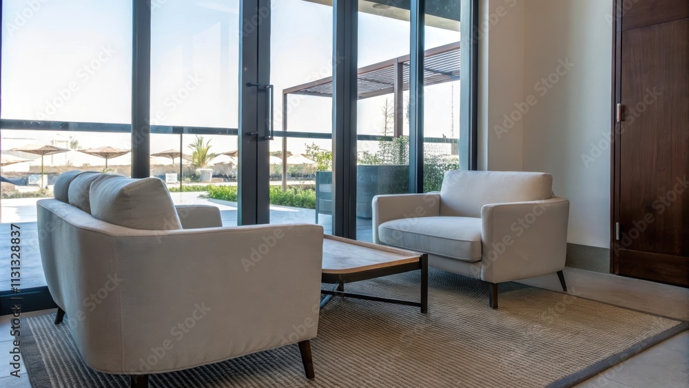 Poster An elegant lounge area showcasing a lowprofile sofa and a chic armchair with a simple area rug underfoot and clear unobstructed views through large glass doors to a patio.