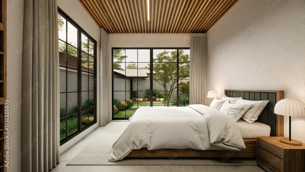 Poster a serene bedroom featuring a platform bed draped in white linen a pair of unobtrusive bedside tables