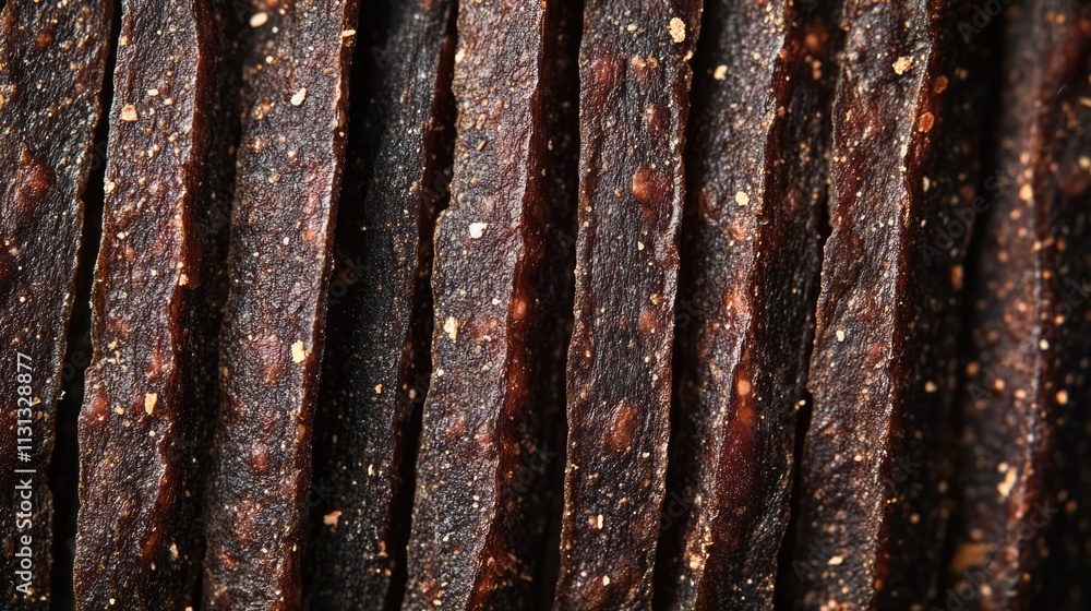 Poster close up of dried sausages stacked in rows showcasing rich texture and deep color for food and drink