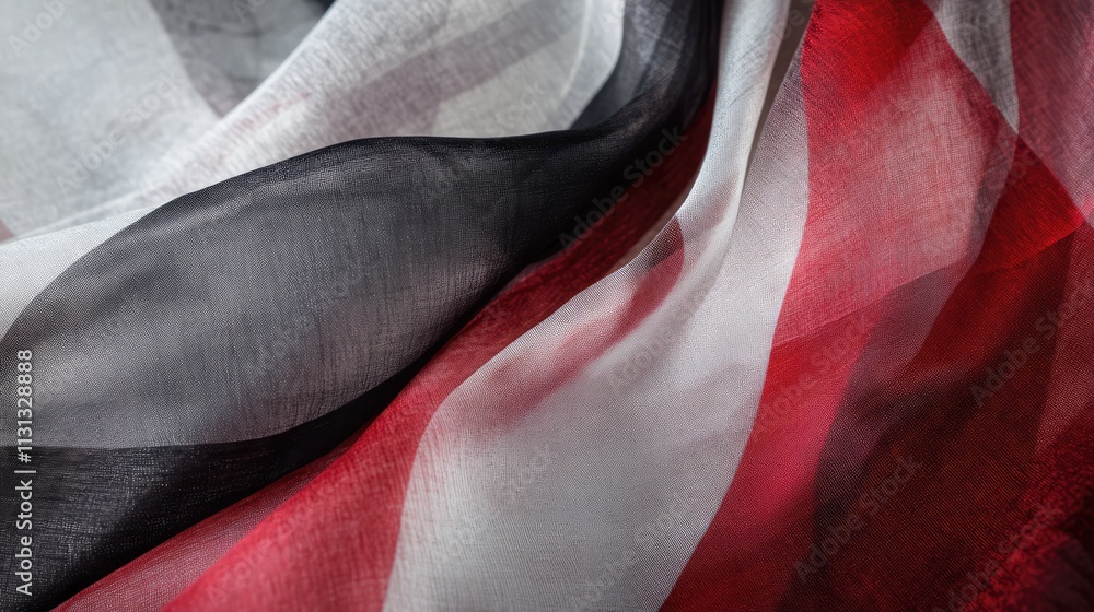 Poster close up of contemporary sheer curtain fabric in black red and white flowing gracefully with soft li