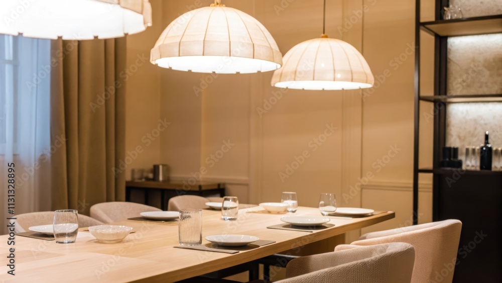 Poster An elegant dining area with a polished light oak table set for a meal. The space is enveloped in soft beige tones and features delicate pendant lights that cast a warm glow