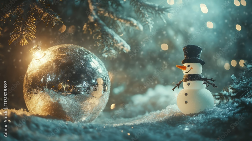 Aufkleber christmas tree with glittery ornaments and cheerful snowman in a snowy setting perfect for festive c