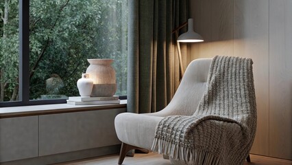 An eclectic corner of a living room showcases a collection of handmade ceramics on a windowsill surrounded by lush greenery. A textured throw on a midcentury chair invites