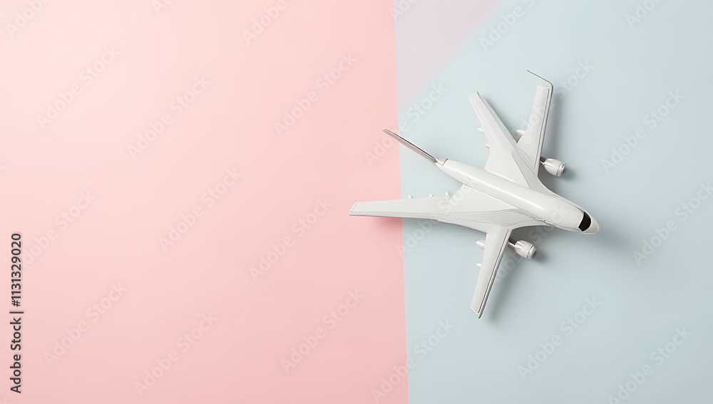 Poster a model airplane sits next to a plane on soft pastel colored backgrounds in a flat lay composition._